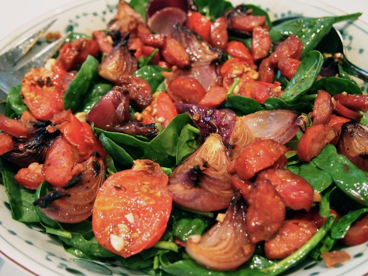 Warm Spinach Salad with Roasted Onions, Tomatoes & Chorizo